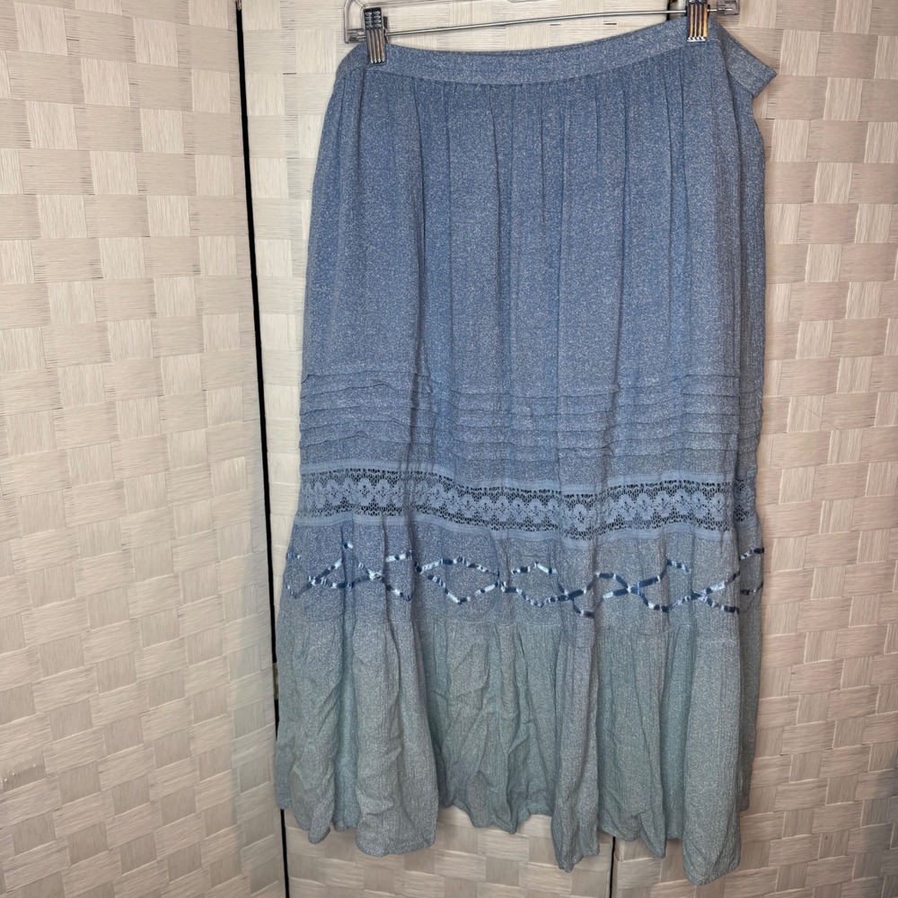 Eccotoo Blue Speckled Boho Maxi Skirt 2X Lace Ribbon Tiered Cotton VIntage Y2K